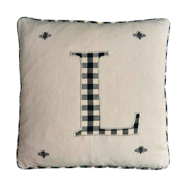 L  Gingham Monogram Linen Cushion Cover with  Bee Embroidery (Cream)