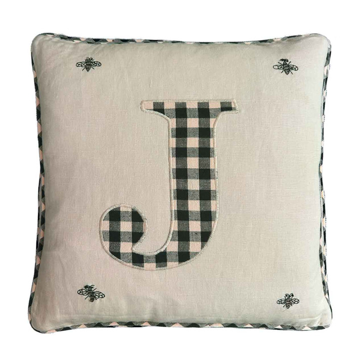 J Gingham Monogram Linen Cushion Cover with  Bee Embroidery (Cream)