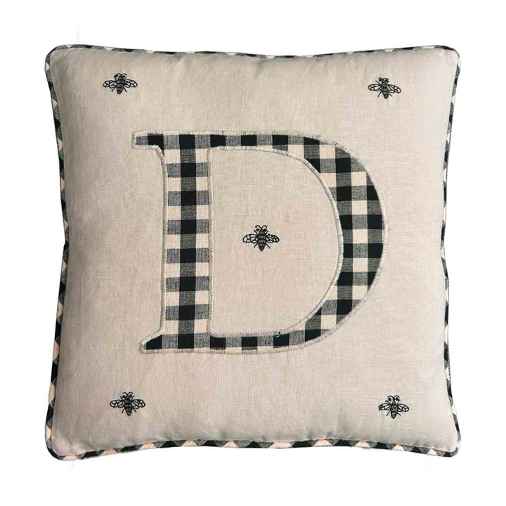 D Gingham Monogram Linen Cushion Cover with  Bee Embroidery (Cream)