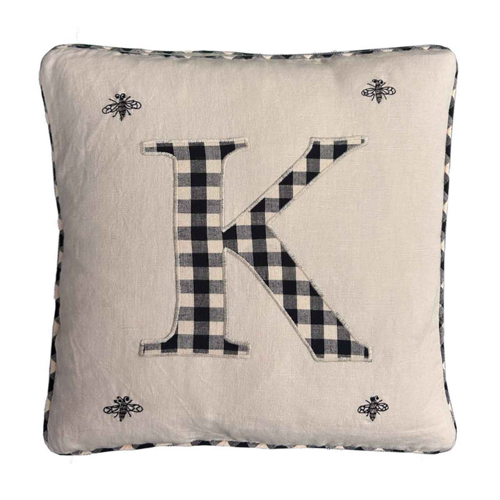 K Gingham Monogram Linen Cushion Cover with  Bee Embroidery (Cream)