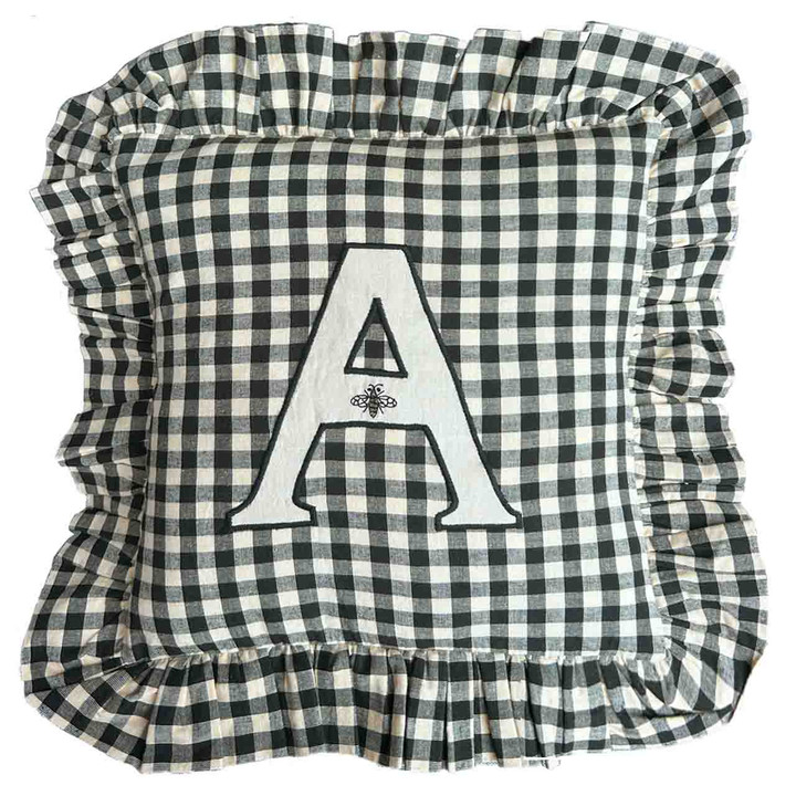 Gingham Frill A Monogram Cushion Cover (Black)