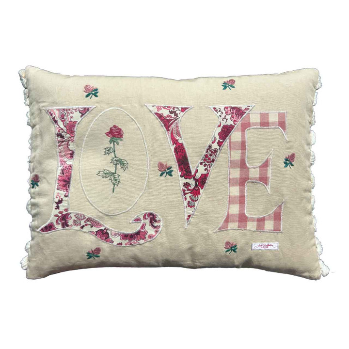 Linen Floral  Print Love Cushion (Cream/Pink)