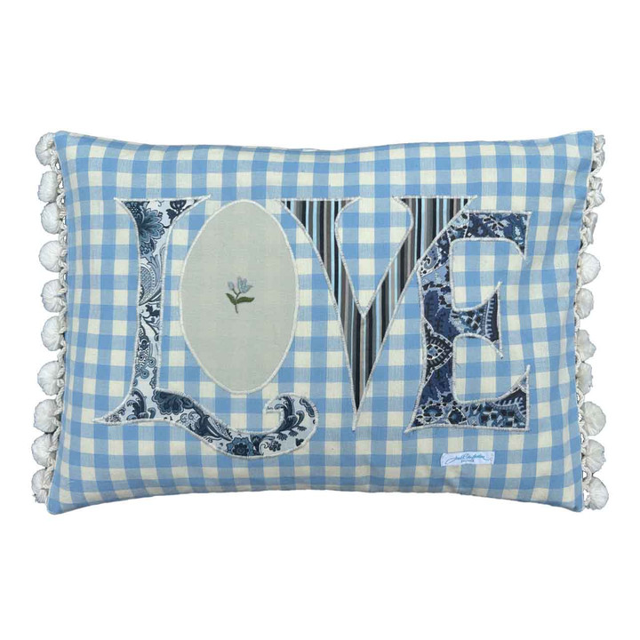 Linen Floral  Print Love Cushion (Blue/Cream)