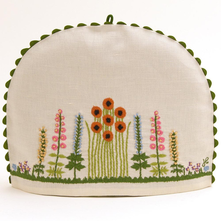 Flowers and trees cream linen tea cosy