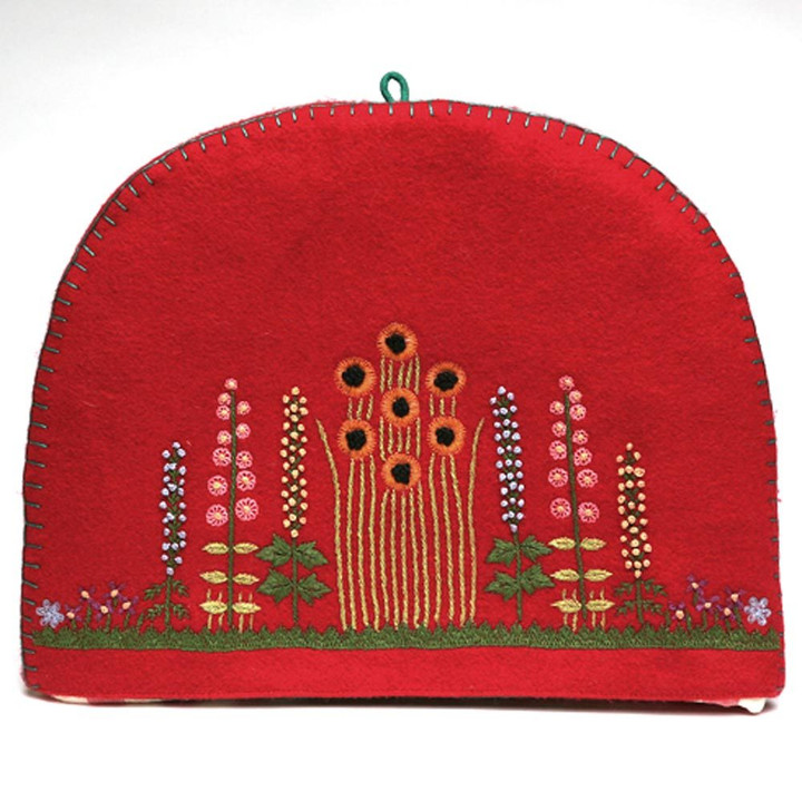 Red felt flowers and trees tea cosy