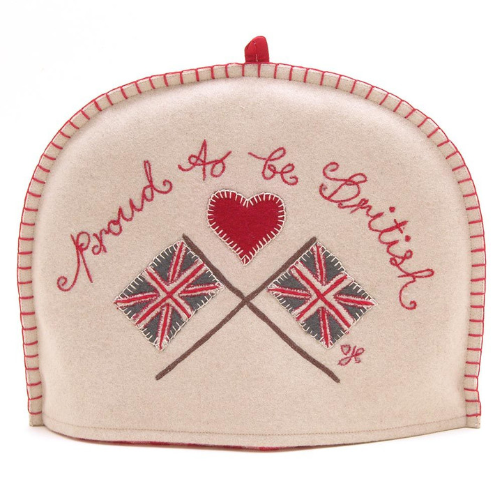 Proud to be British Union Jack Flags tea cosy, cream, red, wool