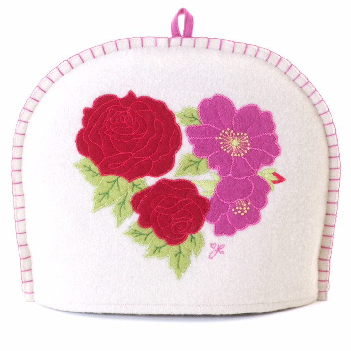 Pink and red roses tea cosy, cream wool, hand-embroidered