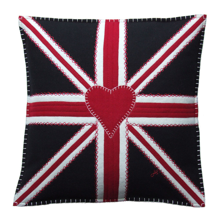 Union Jack square cushion, black, red and cream wool