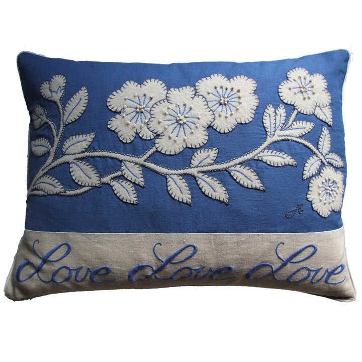 Blue love blossom cushion, cream flowers - linen