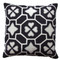 Black linen China Black fretwork cushion with hand stitched cream appliqué honeycomb design.