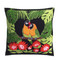 Hand embroidered tropical Lovebird cushions.  Green leaves, orange exotic flowers and hand embroidered Lovebirds