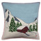 Luxury wool felt cushion featuring nostalgic ski chalet alpine scene in appliqué and hand stitched embroidery.
