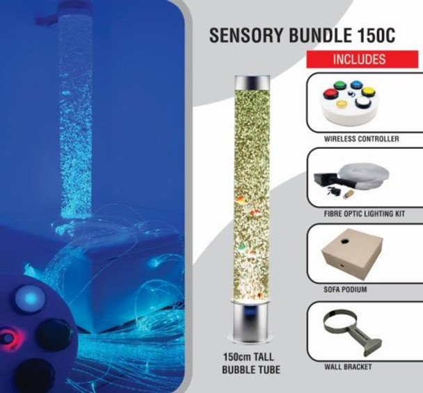 Sensory Bundle 150C -Bubble Tube 150cm tall with Interactive Wireless Switchbox, Fibre Optic, Sofa Podium and Wall Bracket