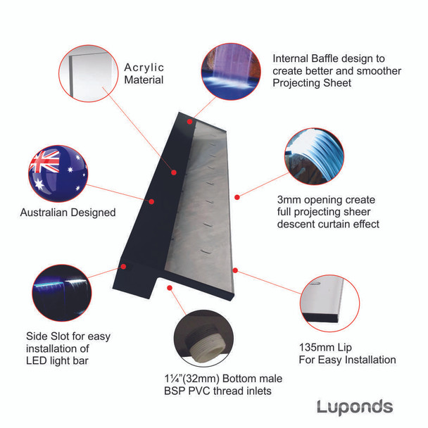 LUPONDS 900mm Acrylic Waterwall - 135mm Lip BOTTOM INLET