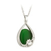 Rhodium Plated Claddagh Pendant with Green Stone on 18" Chain