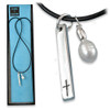Cross and Pearl Necklace pictured as a black cord with a pearl pendant silver bar pendant with cross design