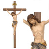 16"W x 33"H Italian Crucifix made in Italy with a maple cross stained darker and a Siena style corpus with blue and gold cloth. INRI is on the top of the cross.