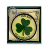 Glass Shamrock Suncatcher shown in the box with suction cup and chain