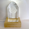 Claddagh Celtic Cross Glass Block shown on lighted base