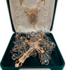 Rose Gold Crystal Rosary with Miraculous Center shown in the gift box