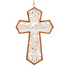 Passion of Christ Cross Ornament with brown framing and ivory images of Christ's Baptism, Last Supper, Crucifixion, and Resurrection.