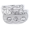 Detail of the fabric ark with the black and white drawing of animals on the ark.
