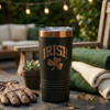 Black and Rose Gold Irish Shamrock Tumbler shown on table