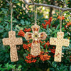 All three Bird seed-n-nut cross styles shown hanging on a tree