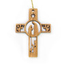 Olive Wood Christmas Cross Ornament with laser cut imagery on cross arms: star, angels, shepherd and lamb, and the Holy Family in the middle.