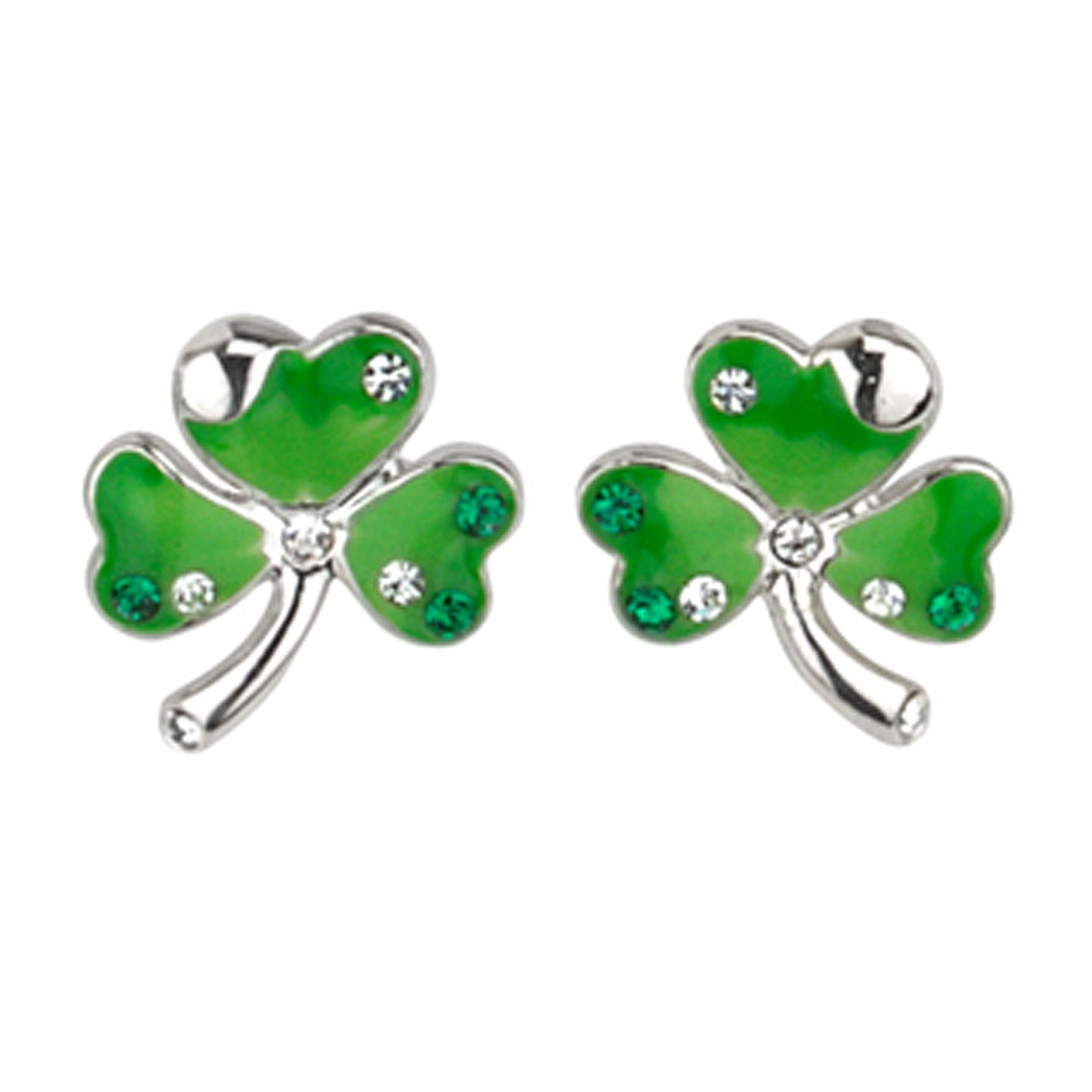 Silver Plated Green Shamrock Earrings with Crystals