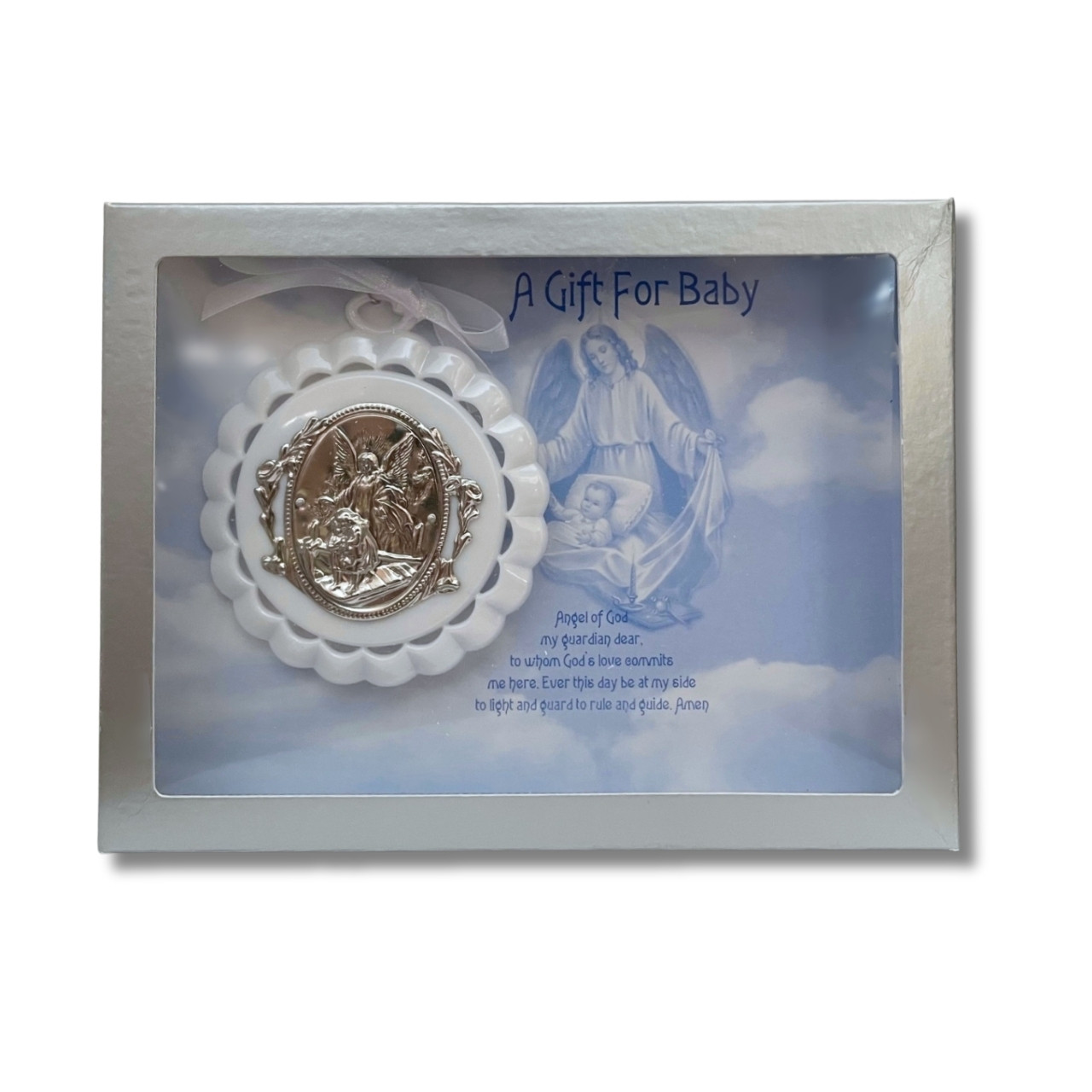 White Guardian Angel Crib Medal shown in the box