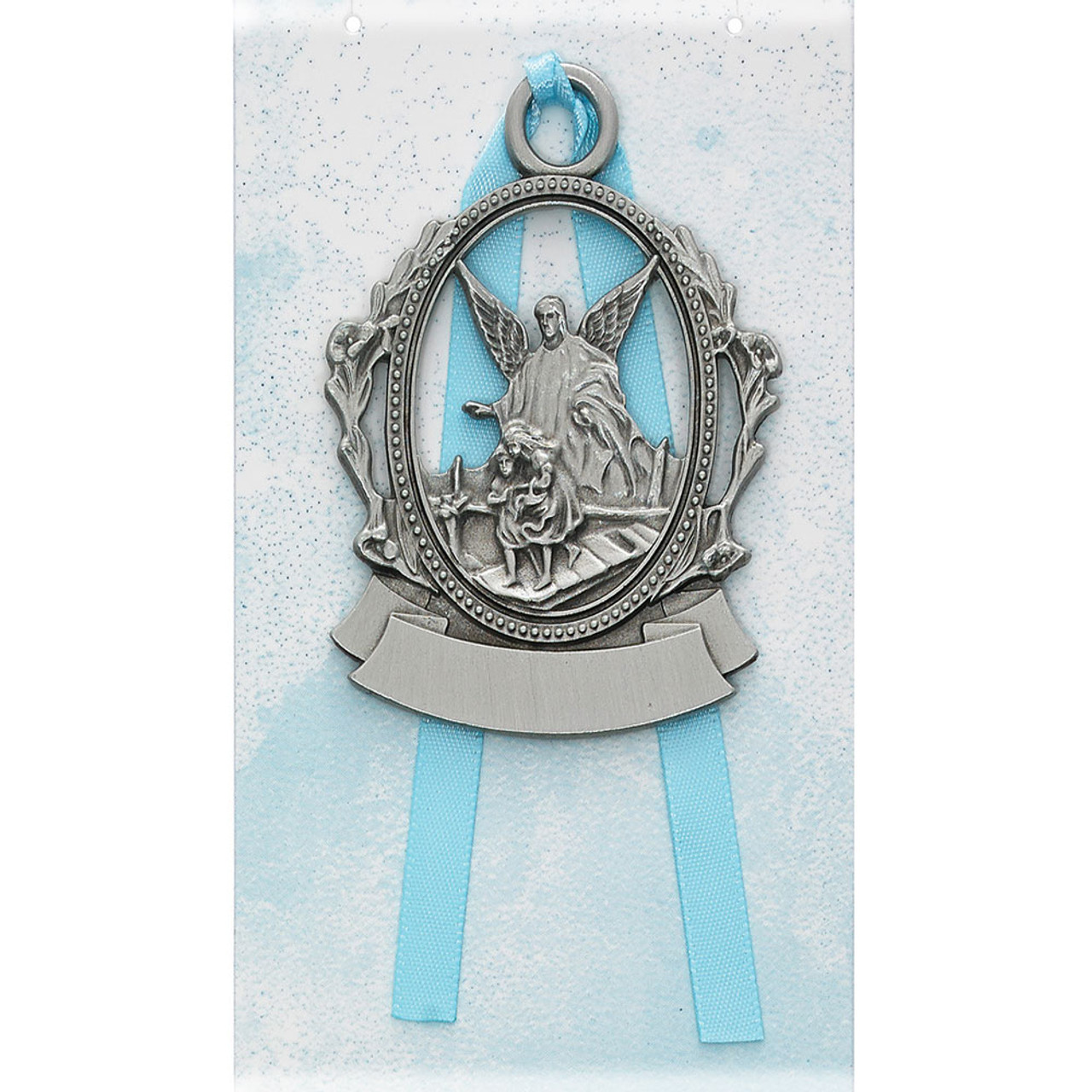 Pewter Crib Medal Blue Ribbon with Personalization Option