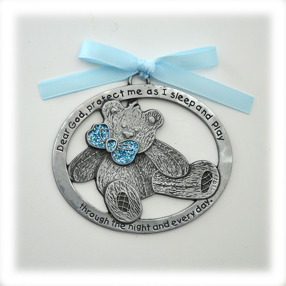 Baby Boy Teddy Bear Crib Medal with blue ribbon
