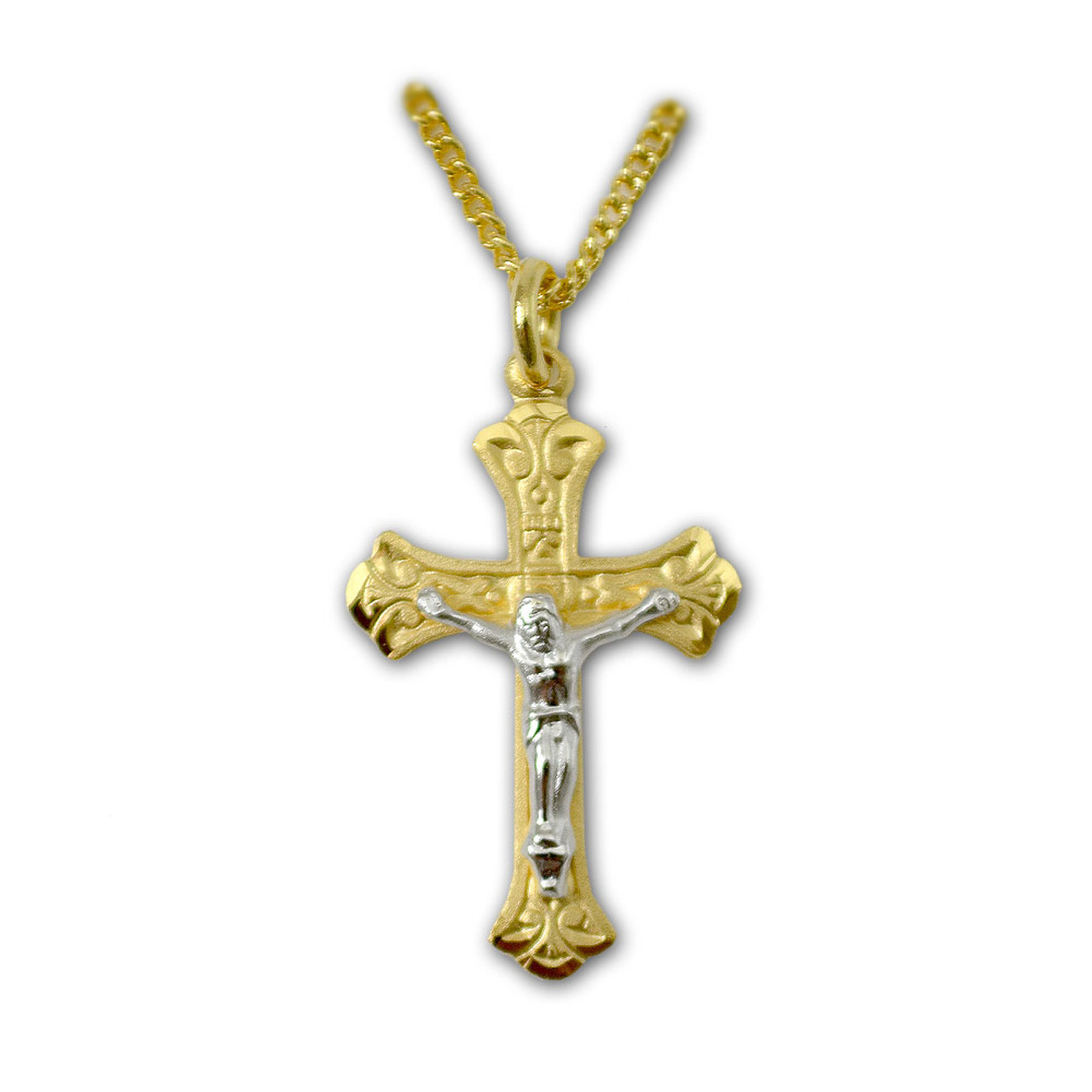 Gold and Silver Two-Tone Crucifix Necklace on 18 Inch Chain