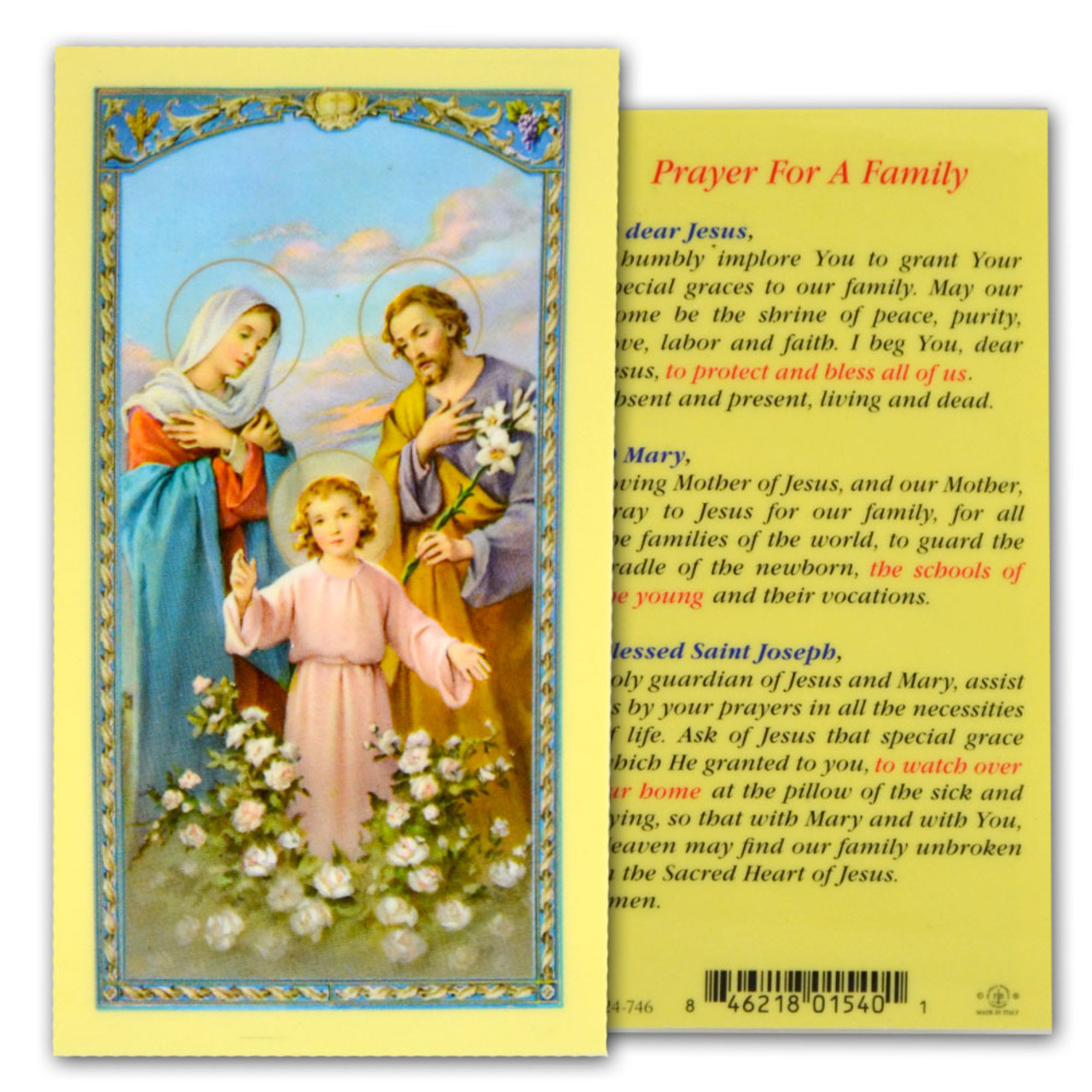 Holy Family, Family Prayer, Laminated Holy Card