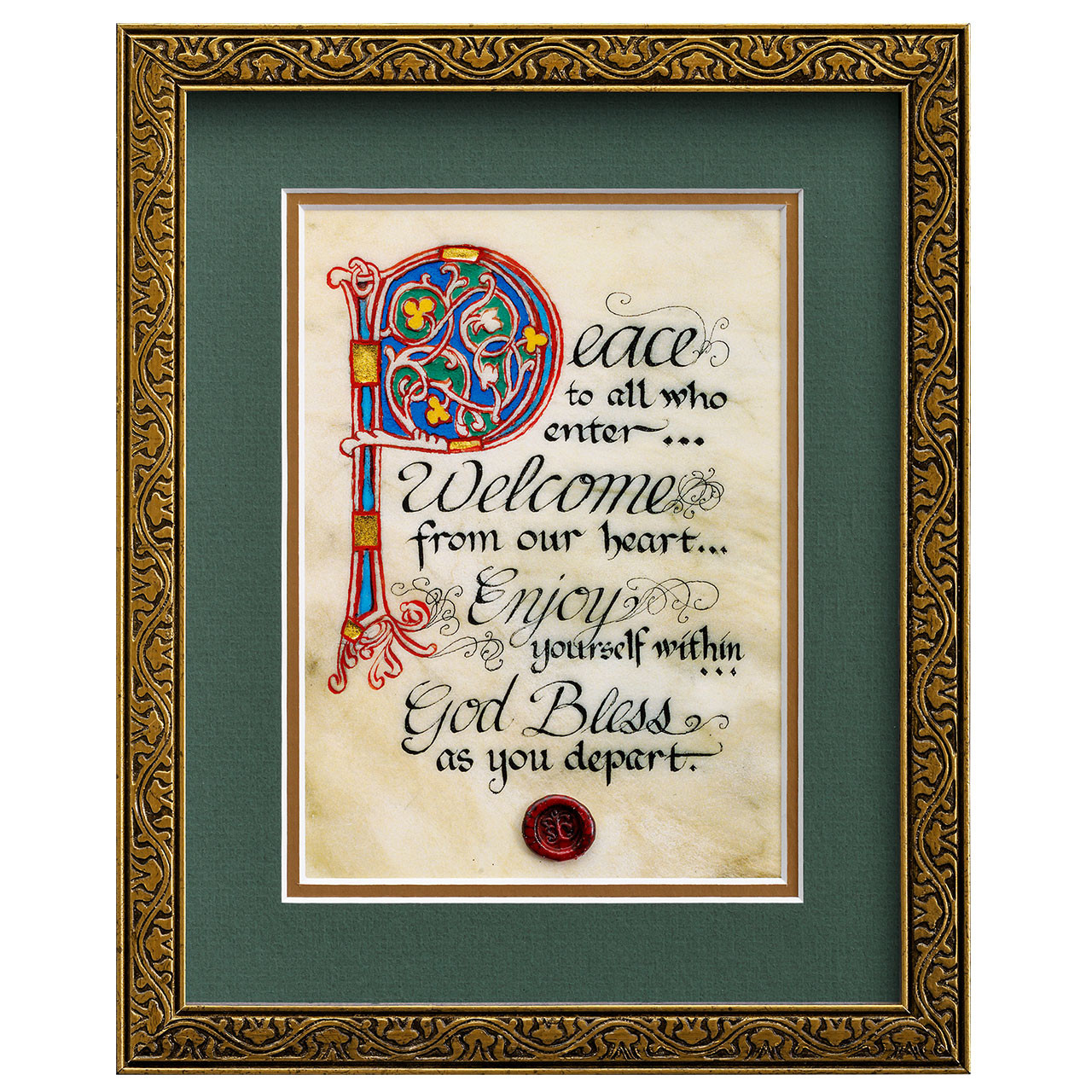 Framed Peace to All Who Enter Celtic Calligraphy