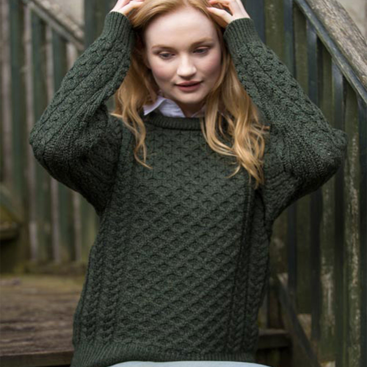 Traditional Irish Crew Aran Sweater Green