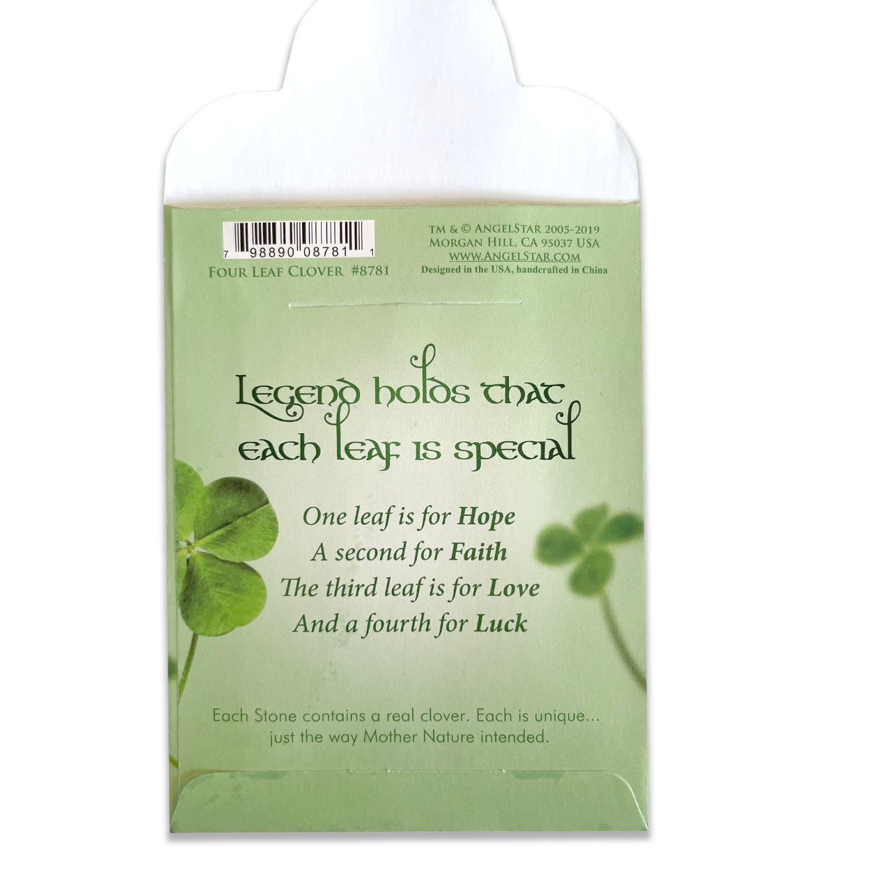 Back of the 4 Leaf Clover Pocket Stone envelope