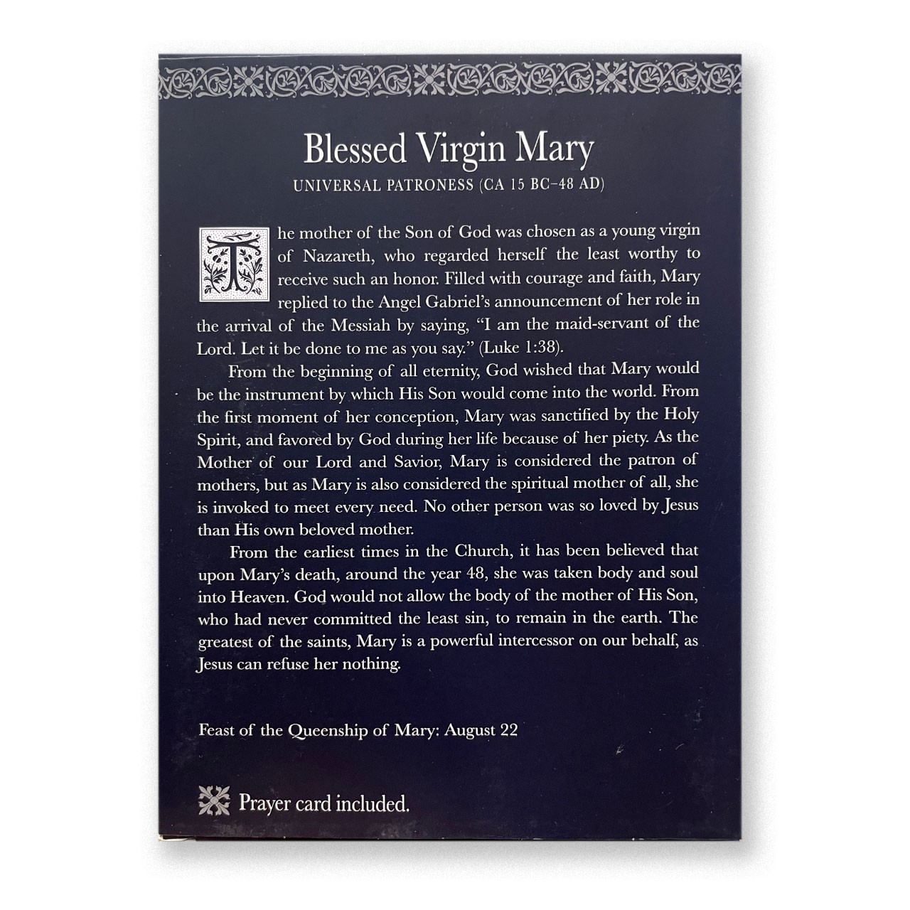 Box back of the Blessed Virgin Mary statue and prayer card