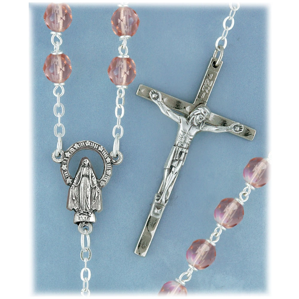 Pink Aurora Borealis Lock Link Rosary showing crucifix, centerpiece, and beads