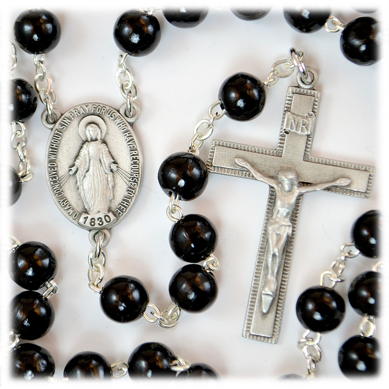 Black Wood Rosary Pewter Center 7MM Beads