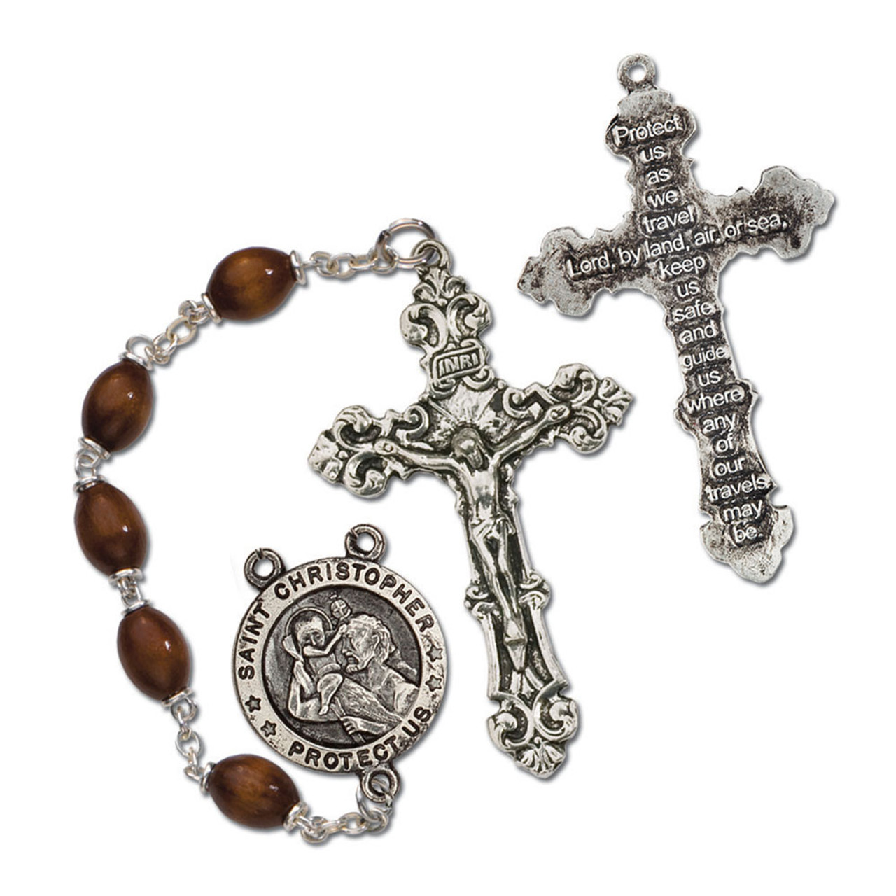 CarRosary Wood Brown St Christopher Protection Motorists Travelling Rosary Beads 