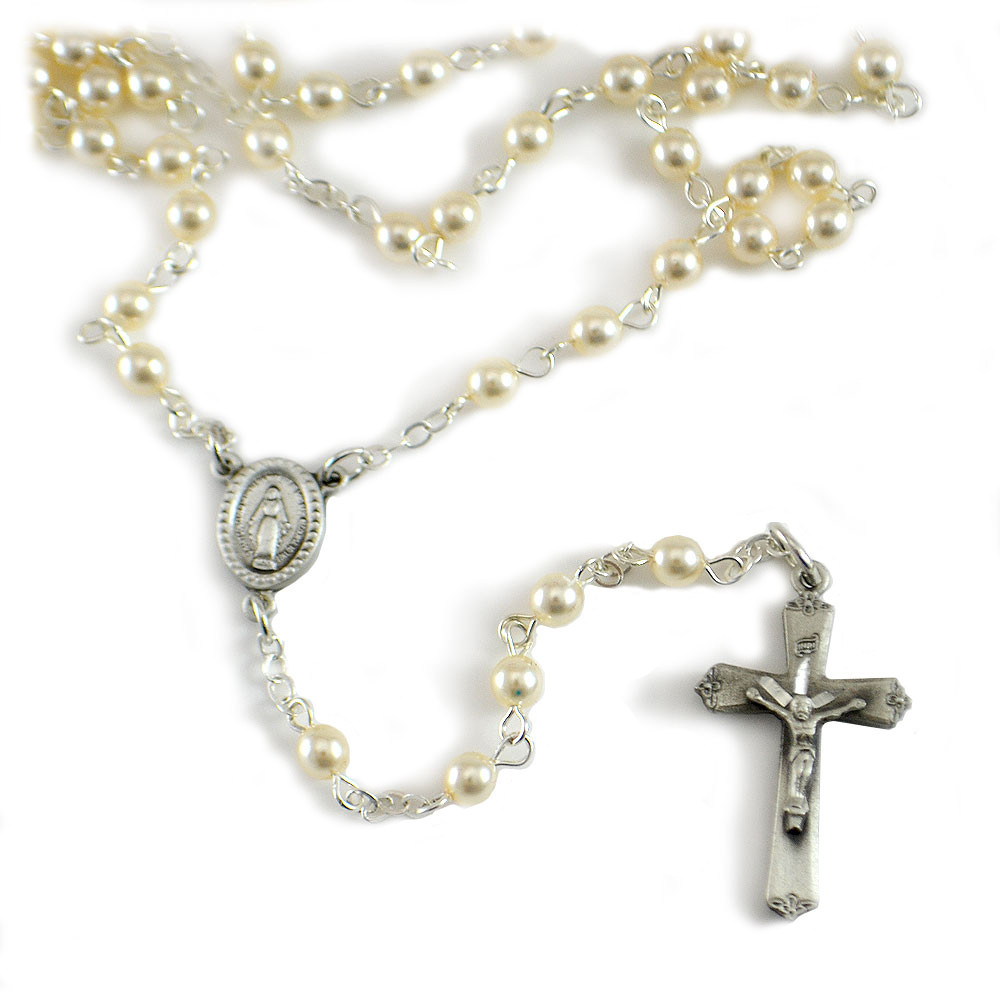 Glass Pearl Beads Woman's Rosary with sterling silver crucifix and centerpiece.