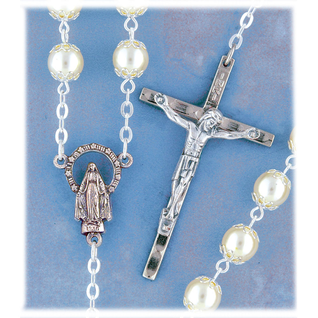 Silverplated Double Cap Glass Pearl Rosary