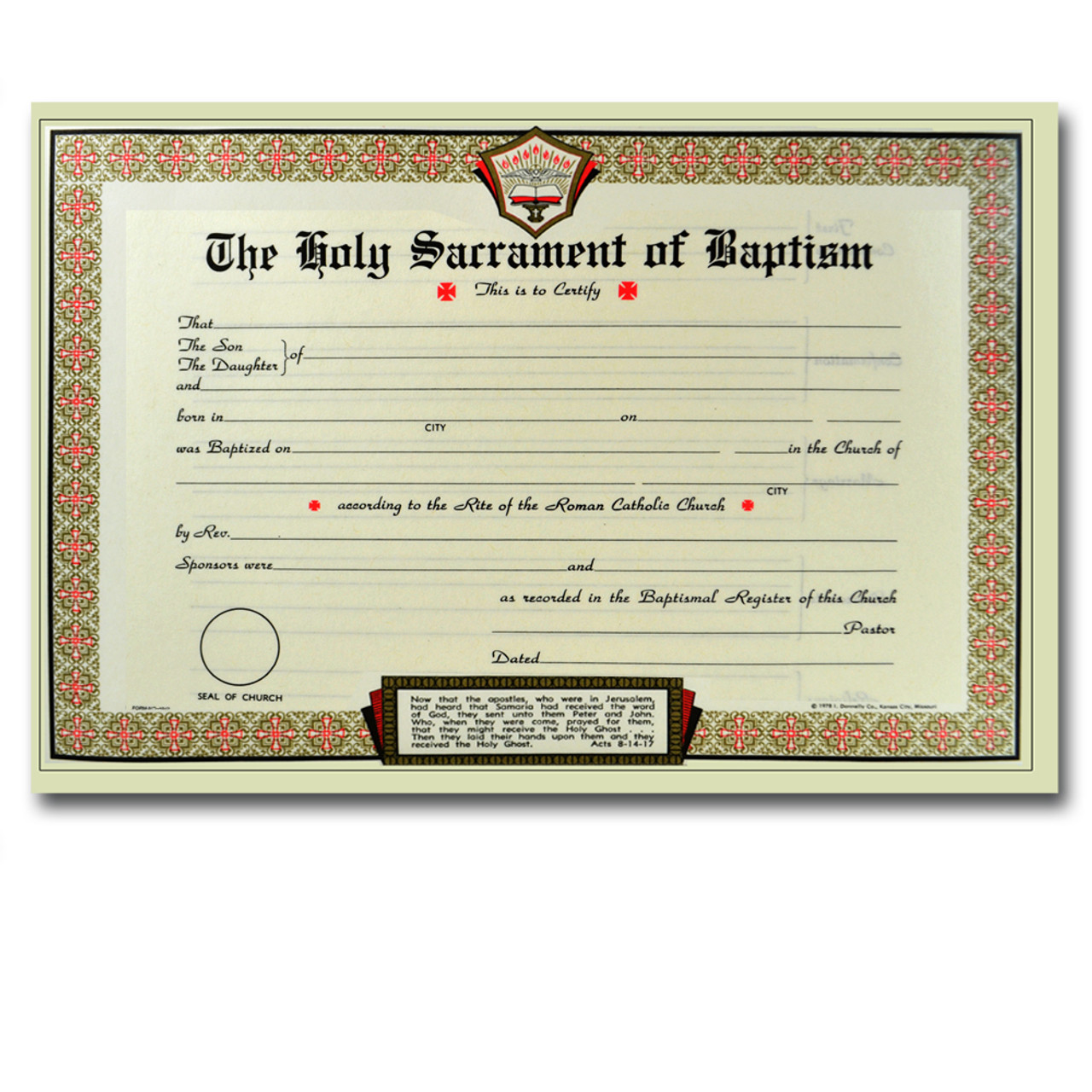 Pad of 50 Catholic Baptism Certificates