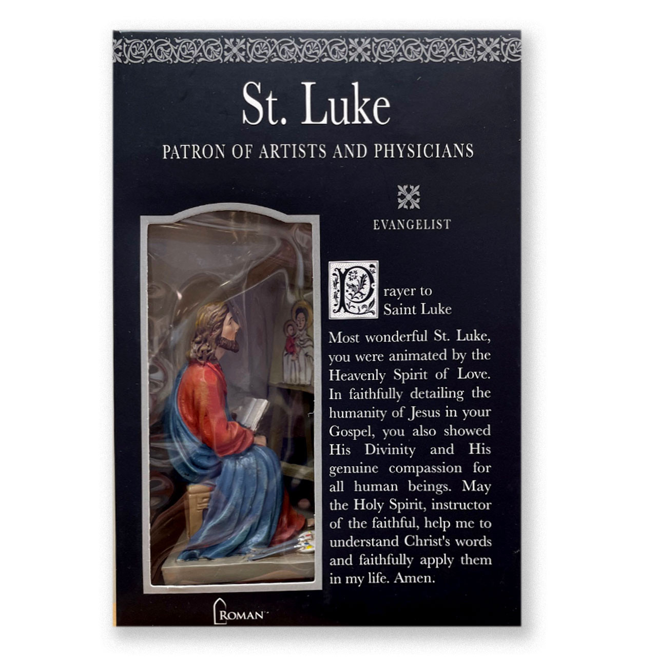Front of the St. Luke statue and prayer card box