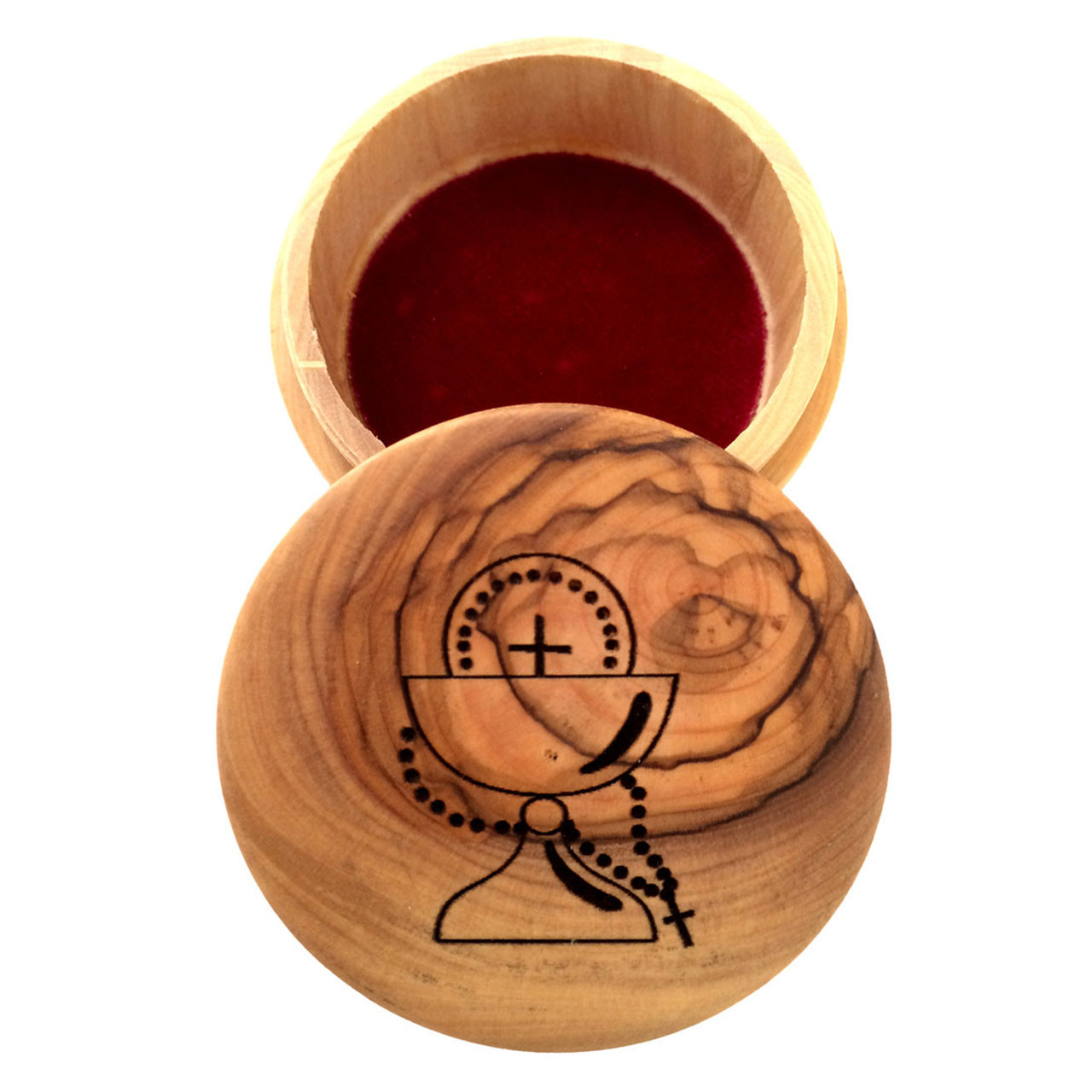 Inside the First Communion Olive Wood Rosary Box