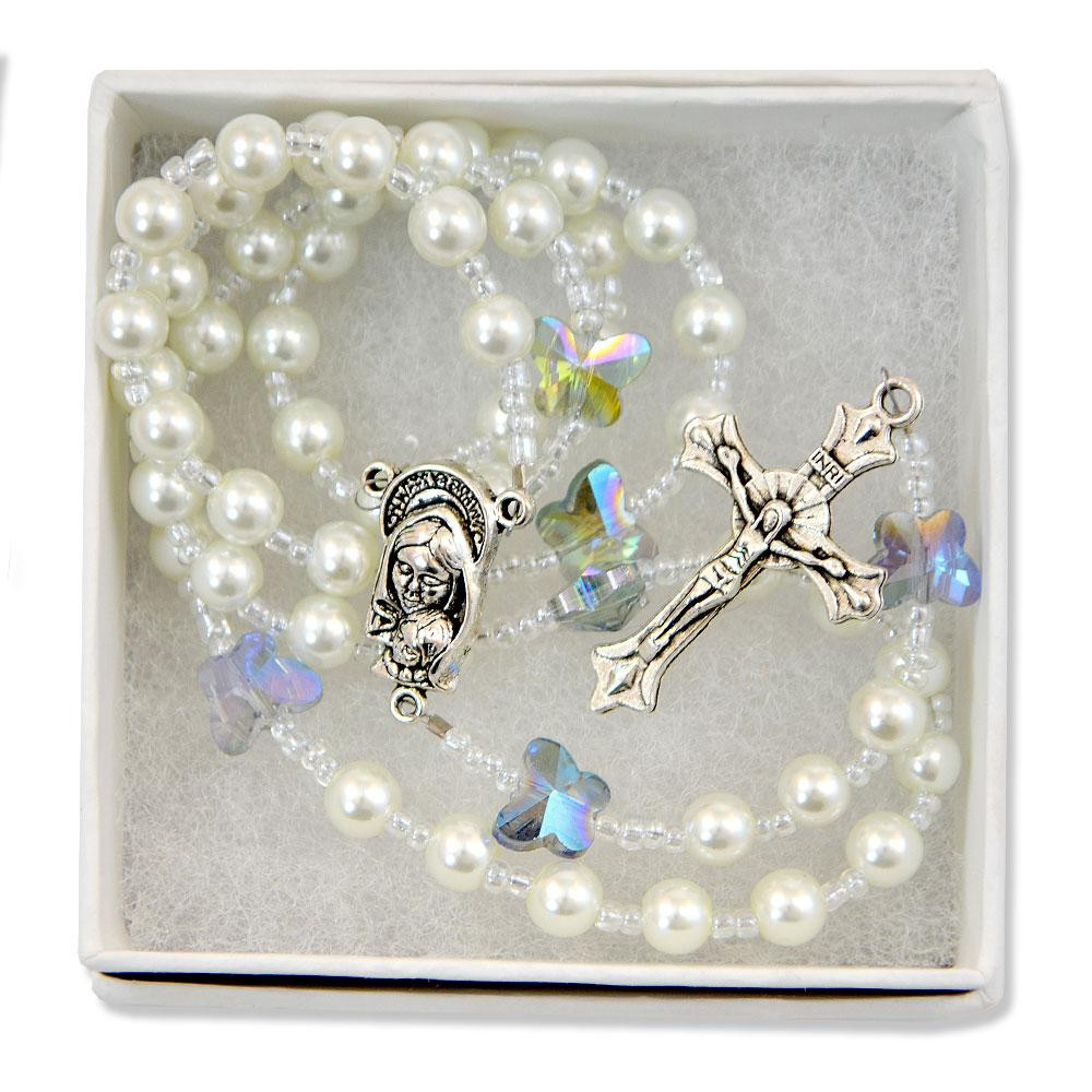 White Rosary with Blue Butterflies