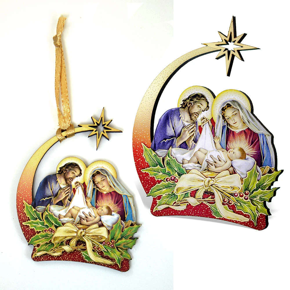 Holy Family Christmas Ornament shown with and without ribbon hanger