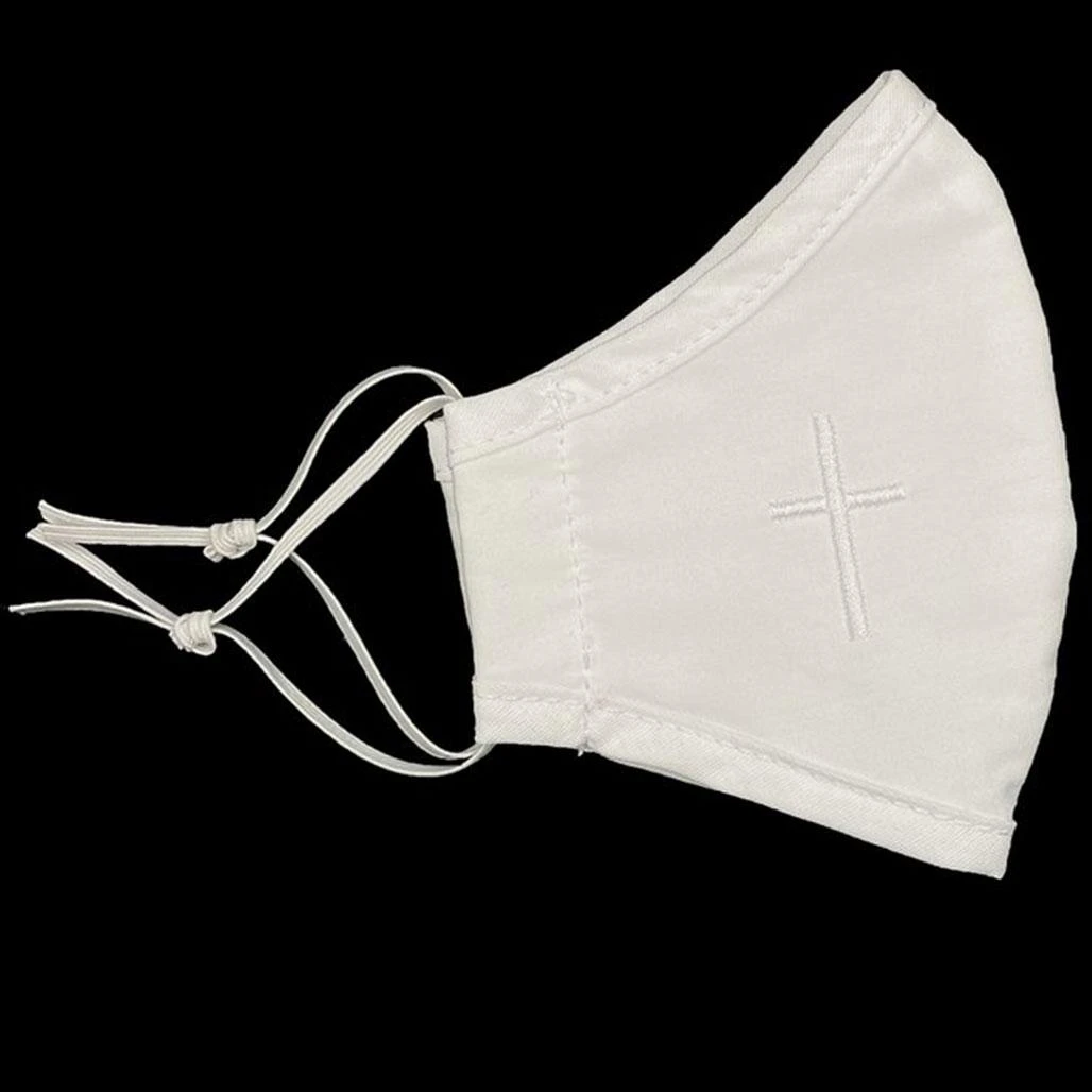 White Religious Face Mask with Cross for Coronavirus pictured from the side